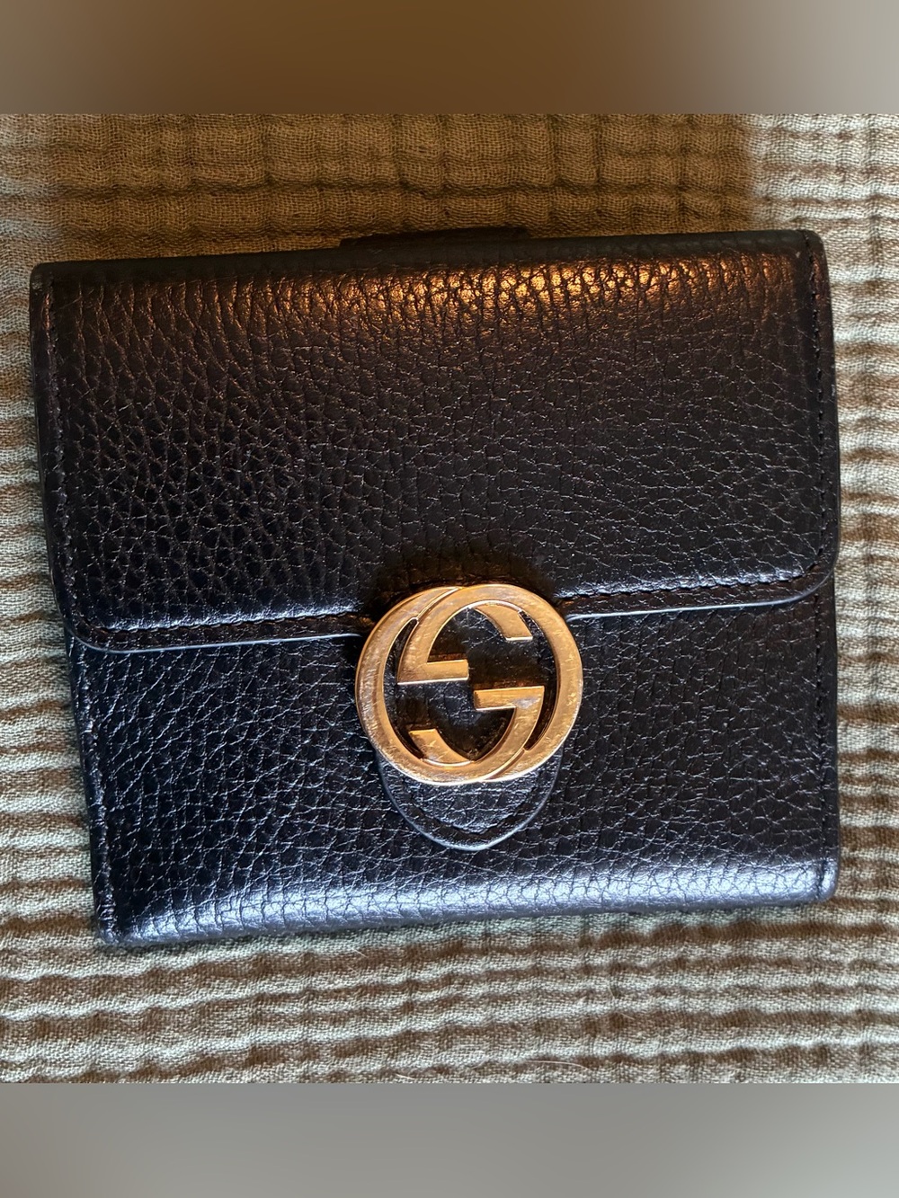 Gucci Black Pebbled Leather Wallet with Gold Double G